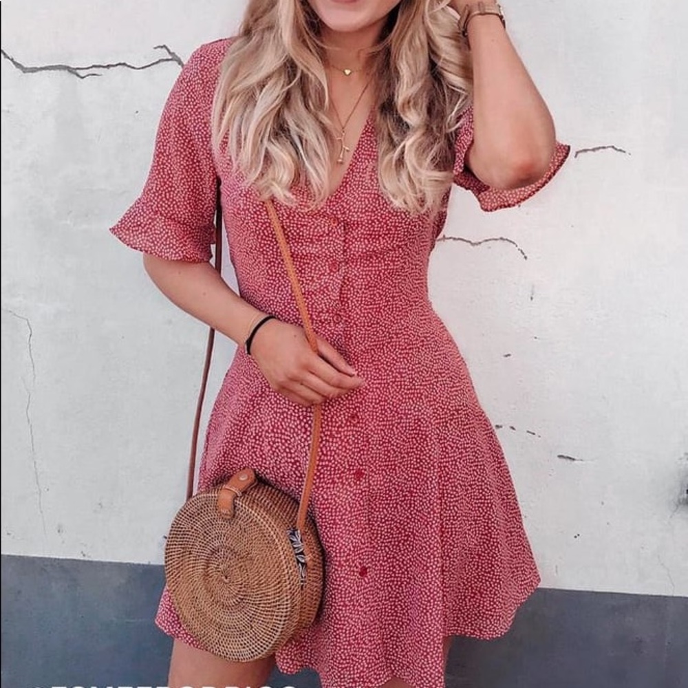 Lulu’s red print button up dress